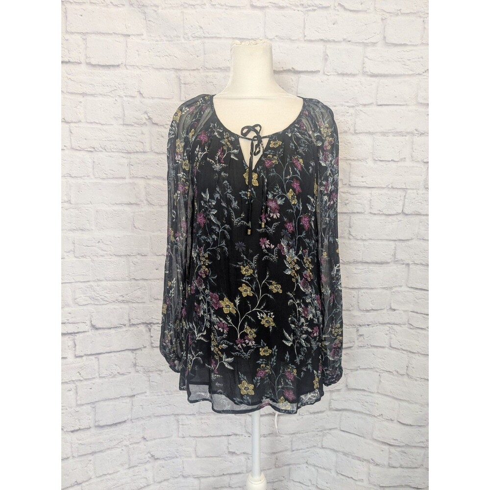 Sundance Womens Small Black Floral Viscose Sheer Long Sleeve Tie Neck Blouse